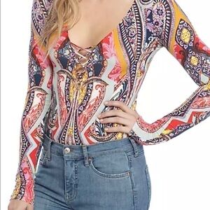 Free People Pick a Place Multicolored Bodysuit Faux Lace Up Front Snap Crotch M